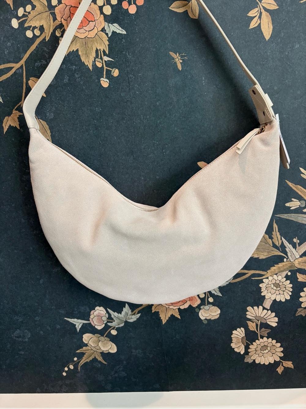 NEW Suede Crescent Shoulder Bag in Light Beige- genuine leather